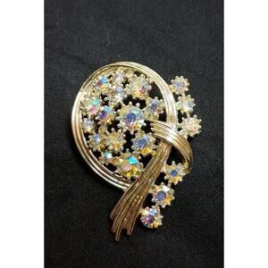 Vintage Coro Pegasus Aurora Borealis Gold Tone Ribbon Brooch Rhinestone